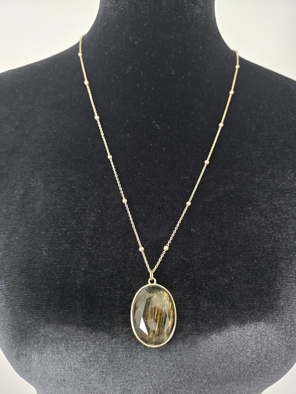 Gold-Tone Beaded Chain Necklace with Brown Glass Pendant